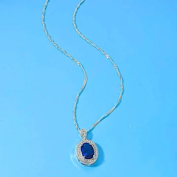 Sterling Silver Blue Sapphire Pendant Charm Necklace - Picture 3 of 4